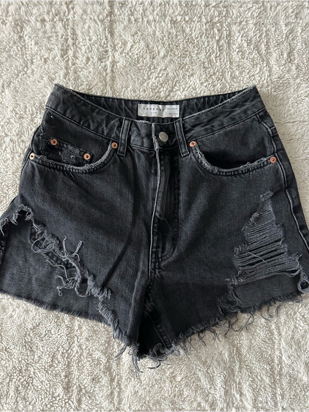 Topshop Black High-Rise Distressed Denim Shorts eur 34 us 2 uk 6 black